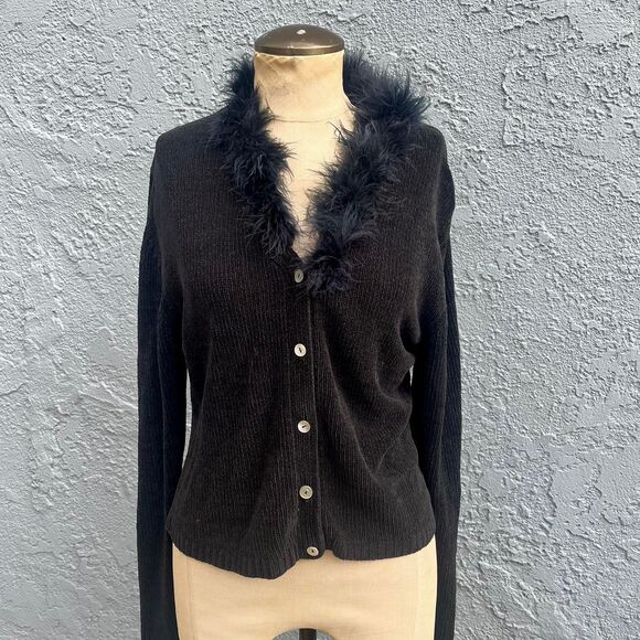 Y2k Black Chenille Cardigan with Fur Collar Clueless sweater Silk blend - Picture 1 of 8